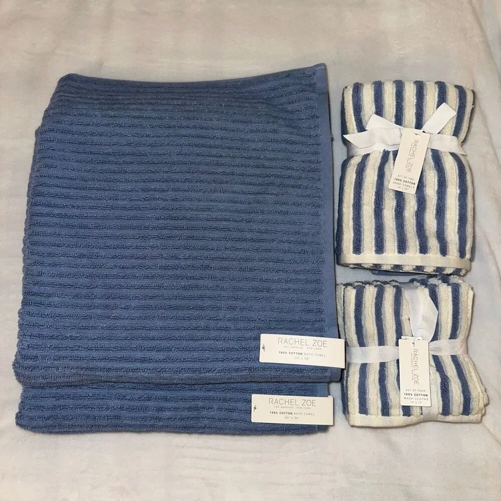 Rachel Zoe Bath Towel Set Cream Dusty Blue Stripe and Solids Pattern 8 Piece NWT